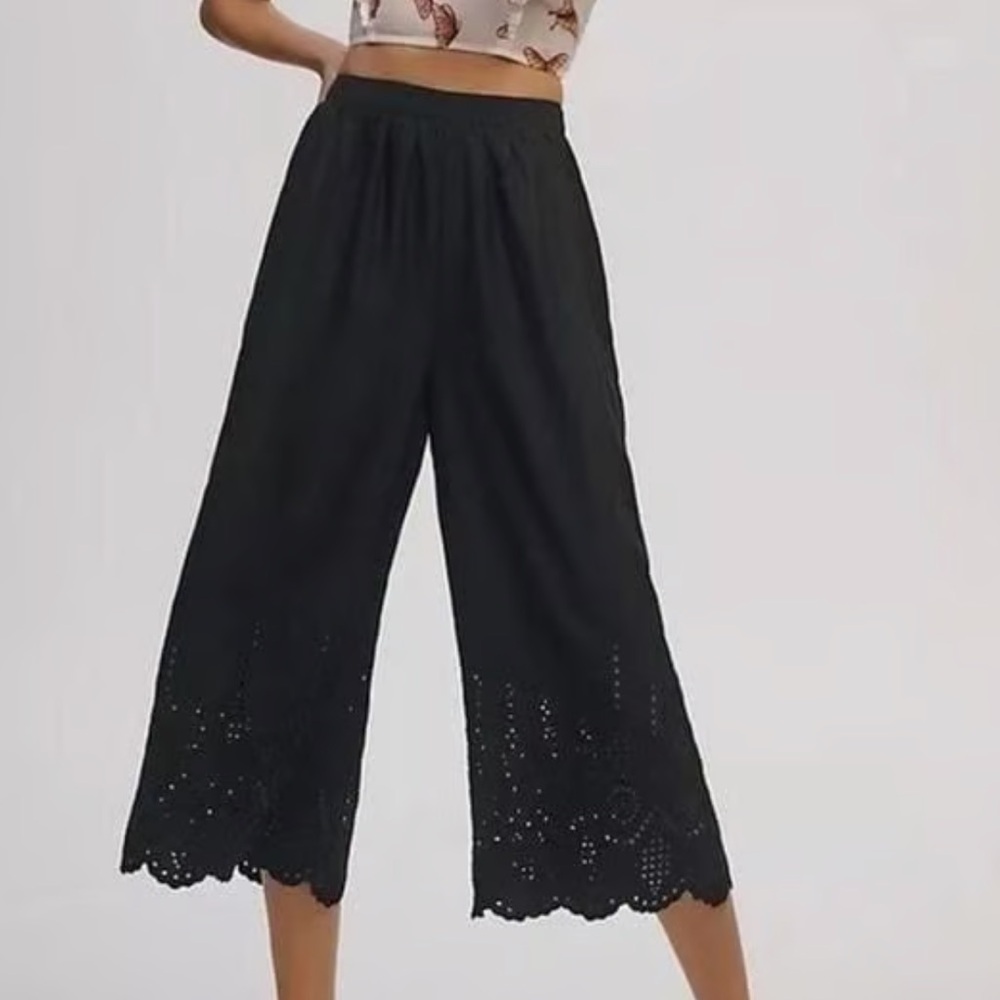 Anthropologie Sz 10 Black Eyelet Crop Wide-Leg Pants Minimalist Boho Summer